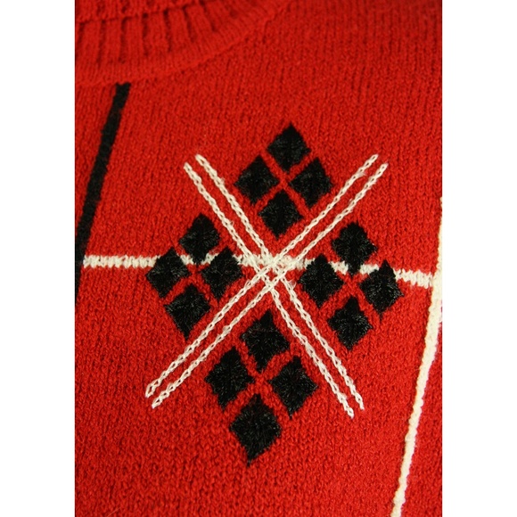 Vintage Tanjay Diamond Plaid Argyle Embroidered Turtleneck Sweater Red 1980s Lg - Picture 2 of 4